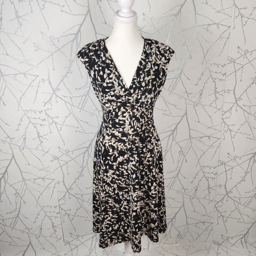 Chaps Black Leaved Print Stretch Knit Babydoll Midi Dress